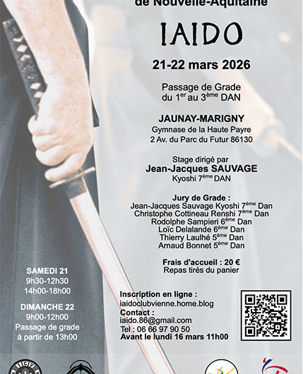 STAGE REGIONAL IAIDO • PDG 1-3Dan • 21-22 Mars 2026 • JAUNAY-MARIGNY (86)