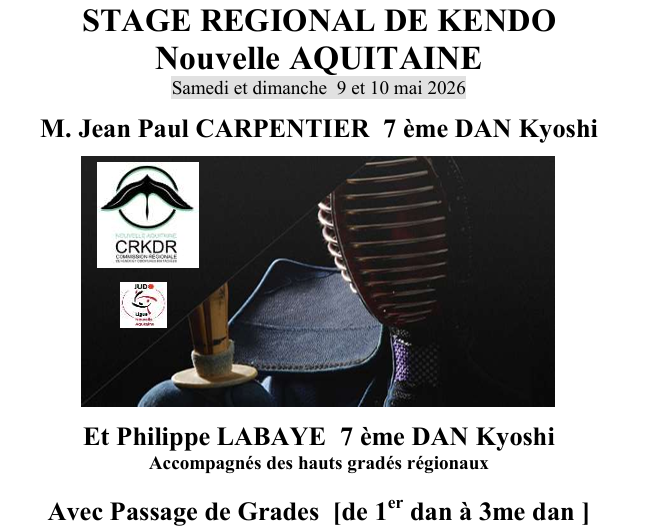 Stage Régional Kendo du 9-10 mai 2026 à Talence (33) avec passage de grade (1er à 3e dan)
